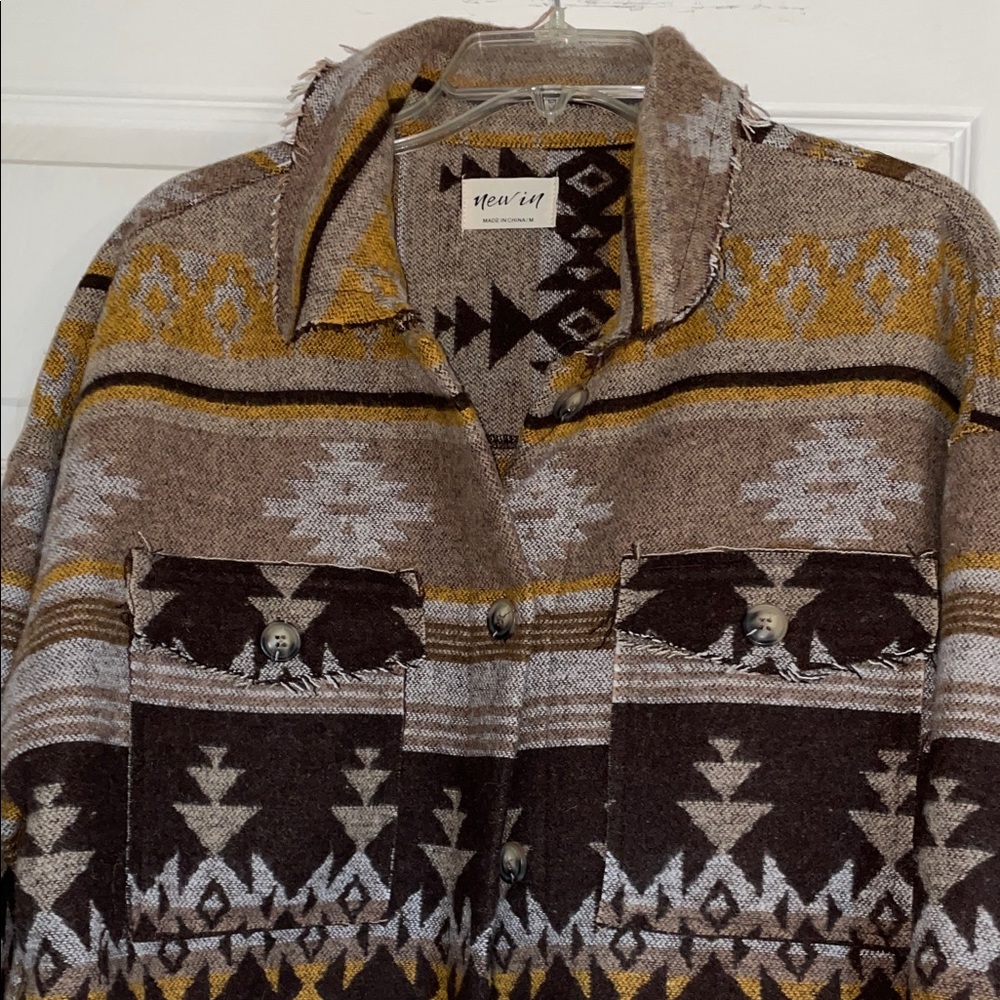 Women's Patterned Zip-Up Jacket - Brown and Yellow - Picture 2 of 8